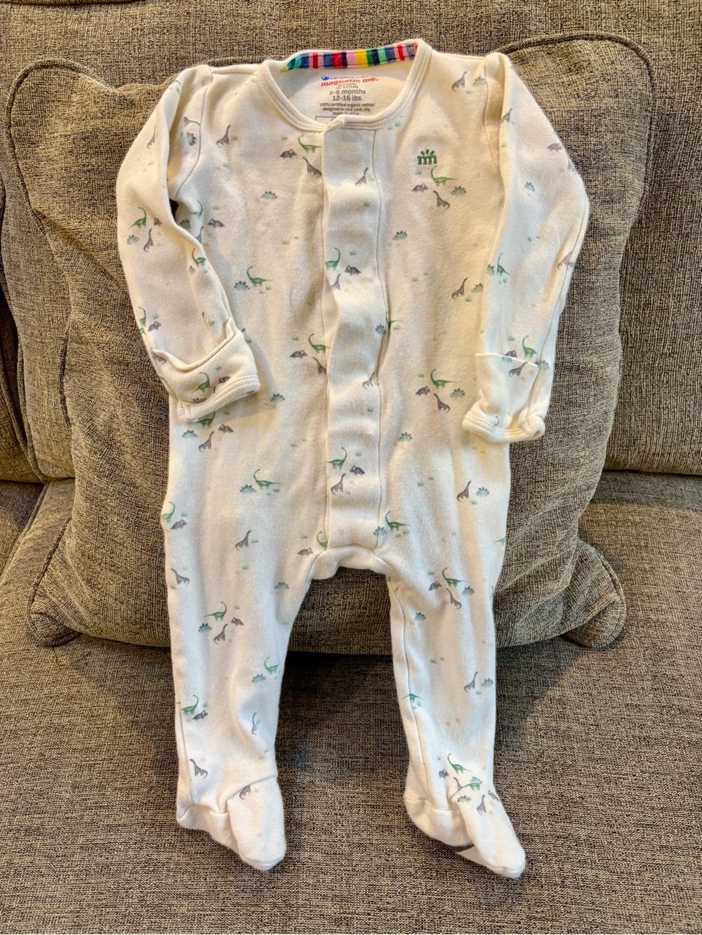 Magnetic Me Cream Footed One-Piece with Mint and Gray Dino Motif
